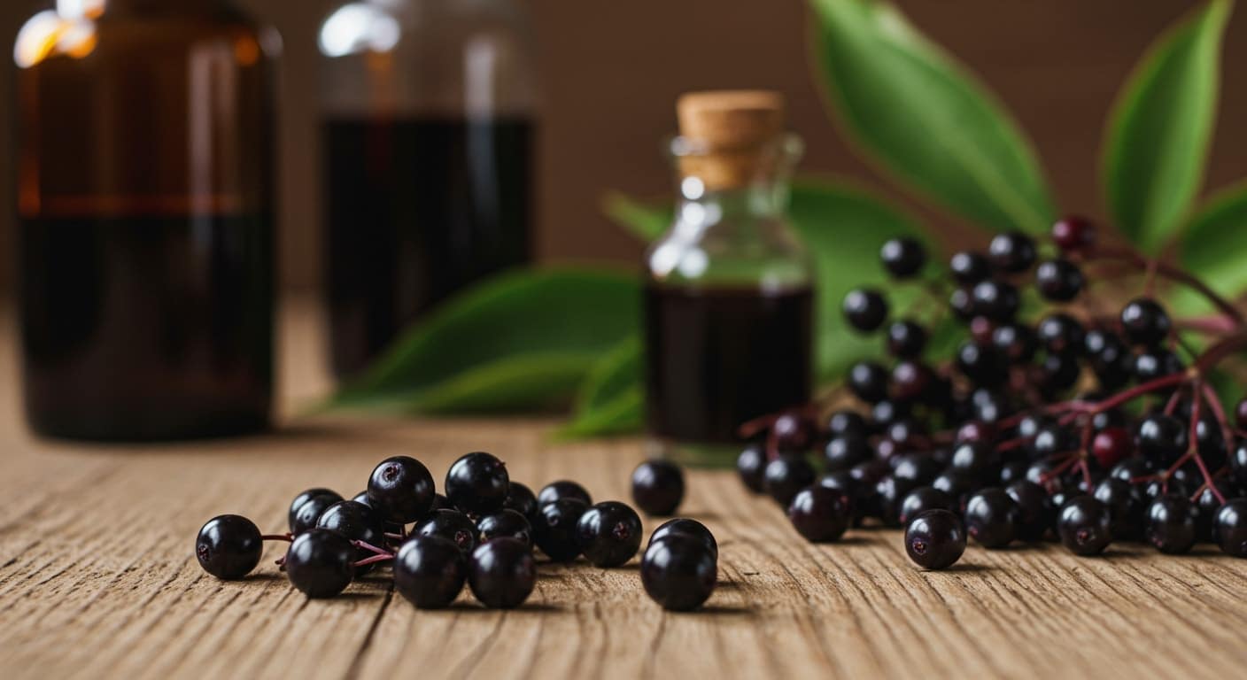 Elderberries displayed for their medicinal benefits.
