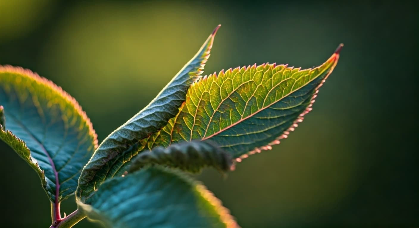 A close-up of curled elderberry leaves showing symptoms of leaf curl.