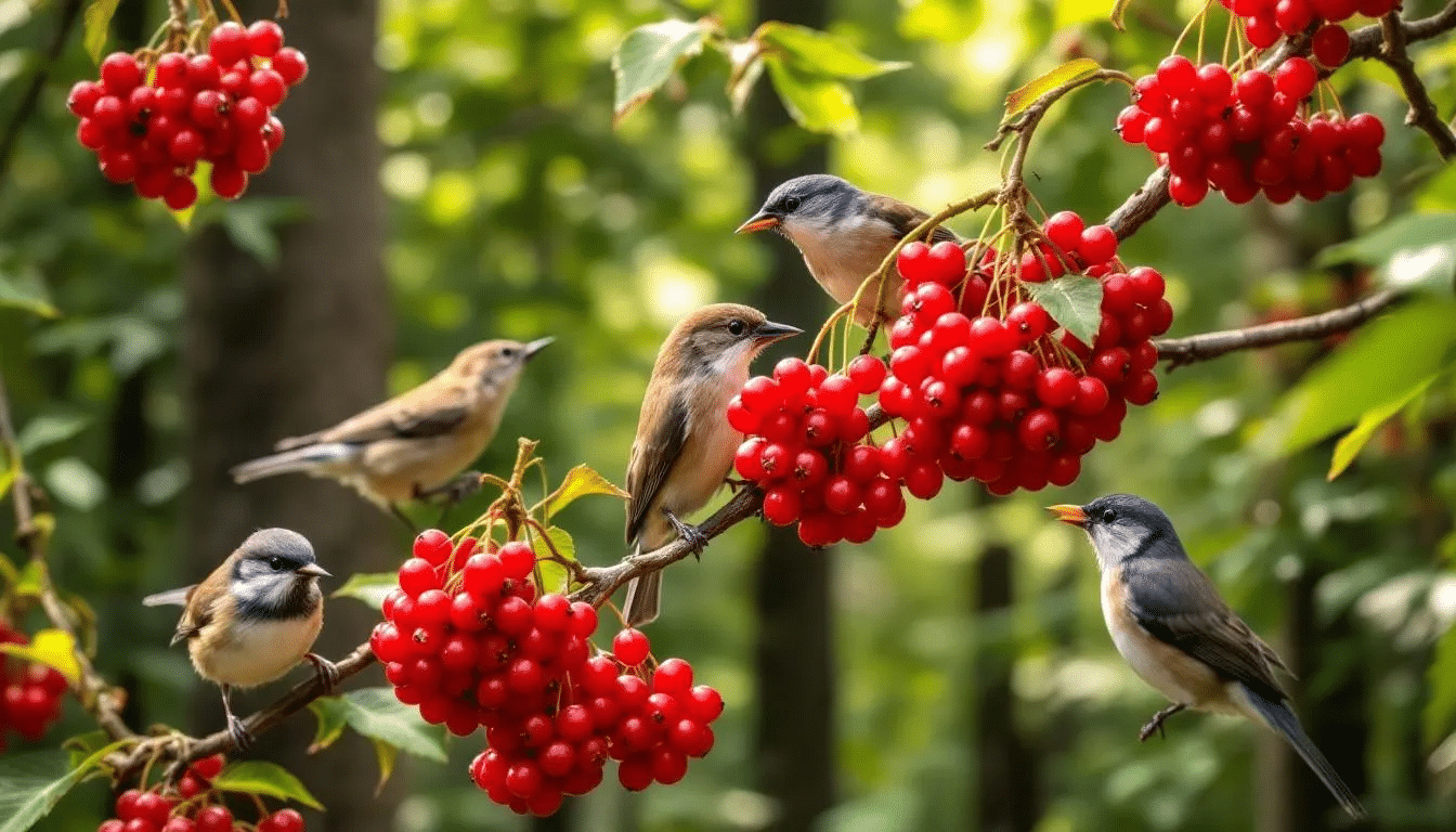 In this wildlife scene, various birds are seen feeding on clusters of bright red elderberries, specifically from the red elderberry plant, which is native to North America. The background features vibrant green foliage and a clear sky, creating a lively atmosphere in the wildlife garden.