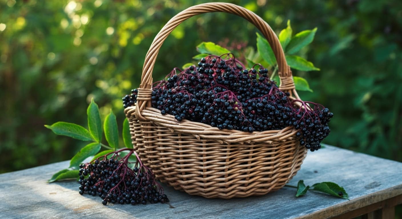 A basket filled with freshly harvested elderberries, showcasing their dark purple color.