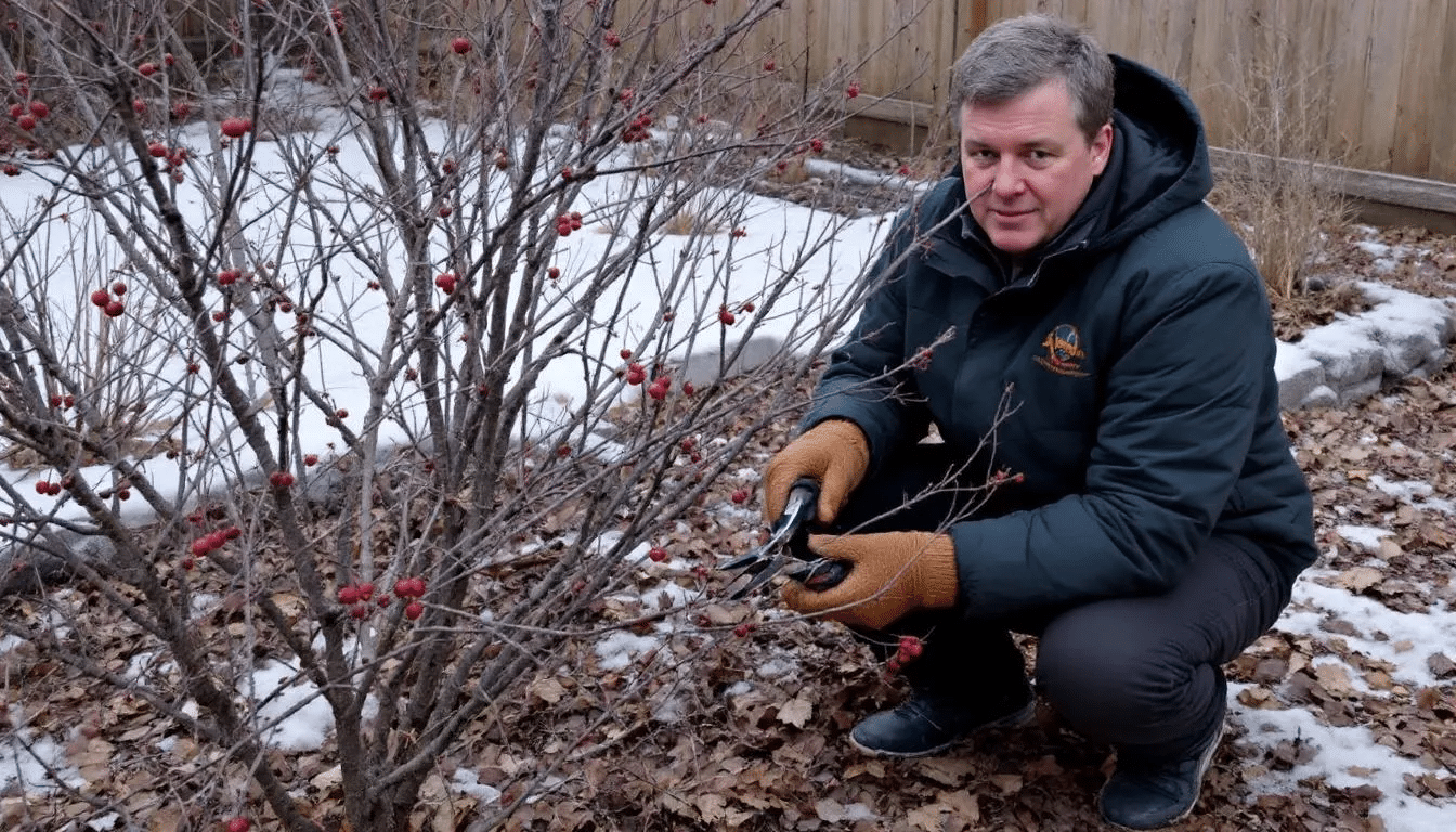A gardener is carefully pruning a red elderberry shrub, also known as sambucus racemosa, during late winter. The shrub features bright red berries and green foliage, preparing for the upcoming growing season in a wildlife garden.