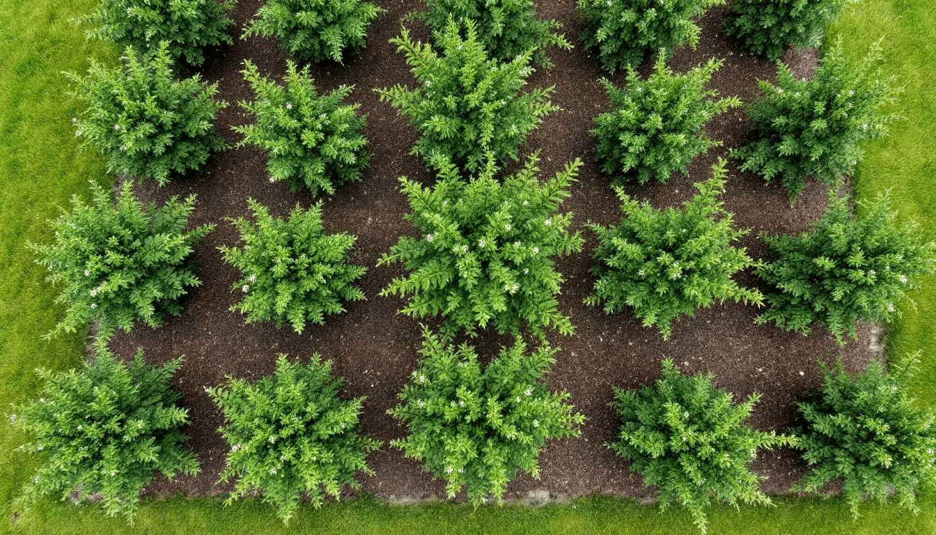 An aerial view of rows of elderberry bushes planted in a structured manner, demonstrating the concept of planting elderberries in rows.