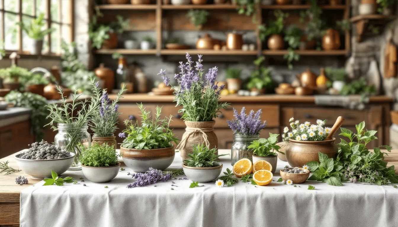 A cozy kitchen scene with herbal infusions being prepared.