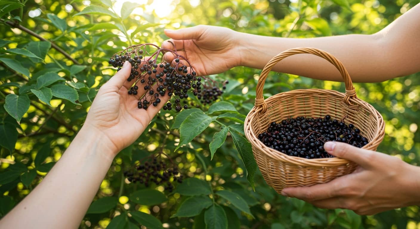 Harvesting ripe elderberries from the shrub.