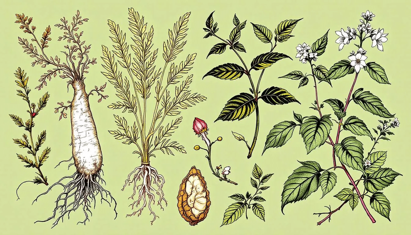 A vibrant display of top tonic herbs for overall health, including ginseng and holy basil.