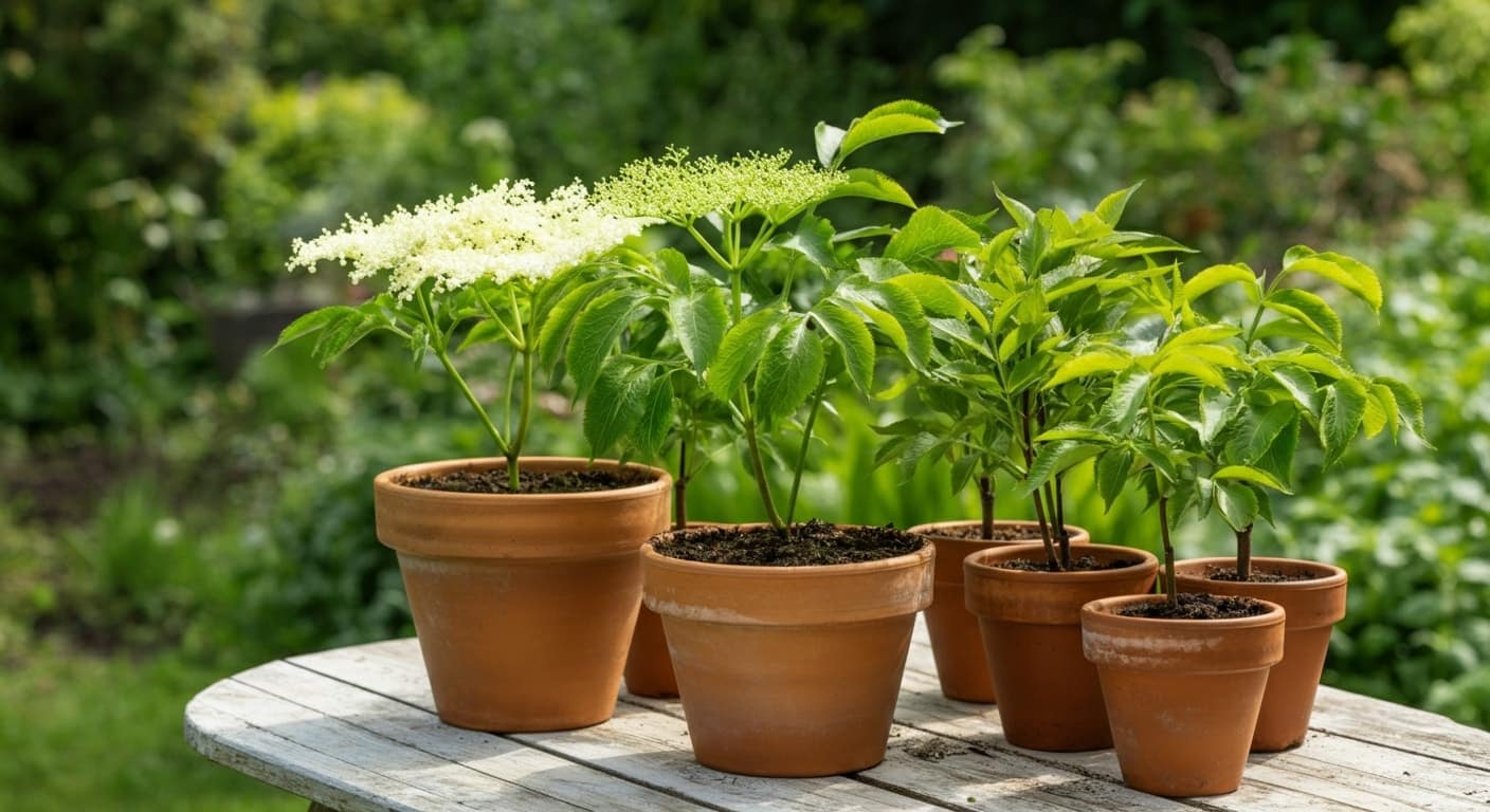 Different types of elderberry shrubs displayed in a garden.