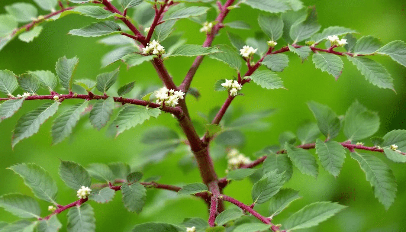 A close-up view of a red elderberry plant, showcasing its characteristic branching structure and bright green foliage, with clusters of bright red elderberries and delicate white flowers. This native North American shrub features irregularly serrated leaves and can be found in wildlife gardens, thriving in well-drained soils under full sun.