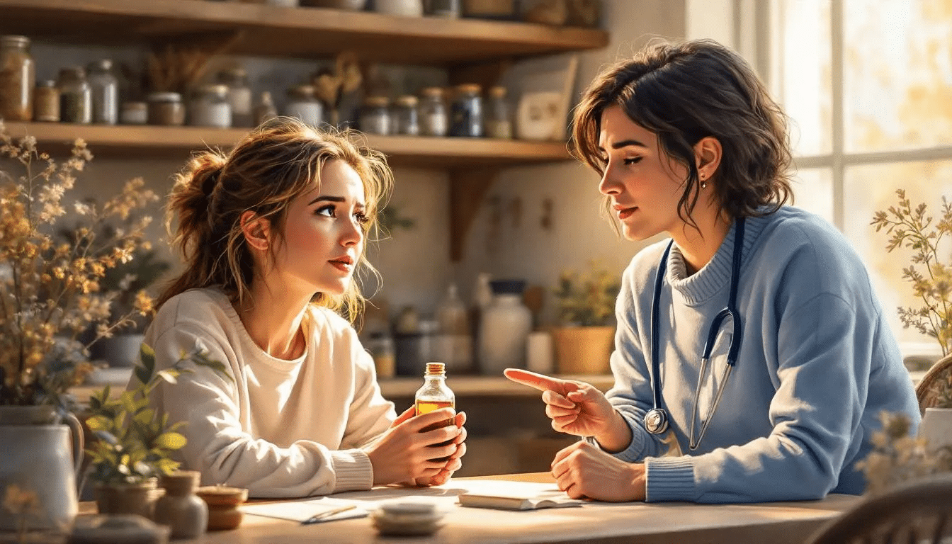 A person consulting with a healthcare professional about elderberry syrup and its potential risks.