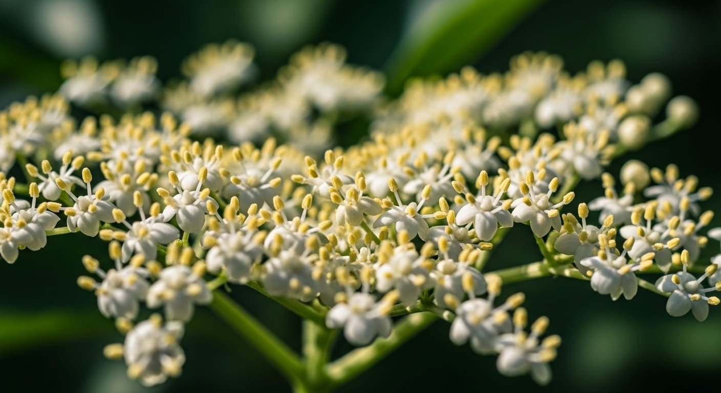A close-up of elderberry bloom showcasing clusters of delicate white flowers.