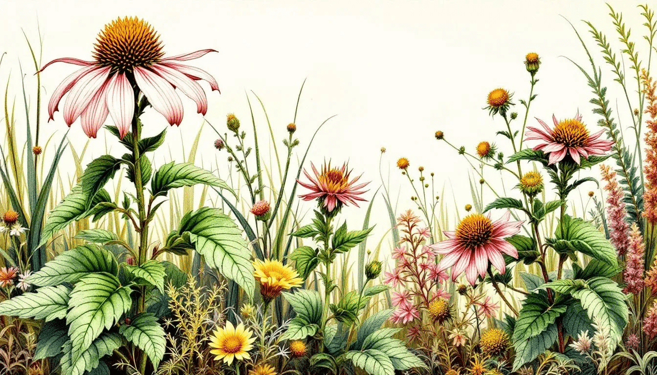 An illustration depicting the health benefits of echinacea and goldenseal.