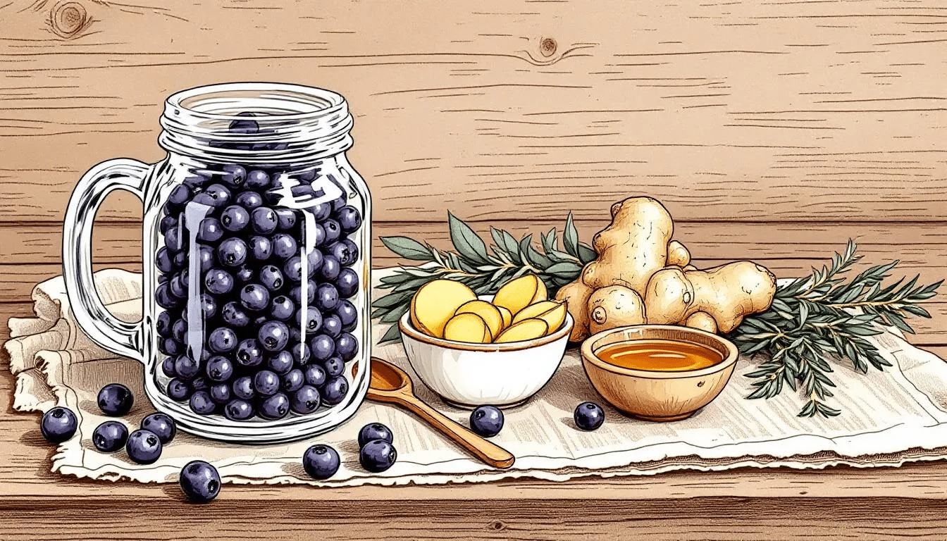 Ingredients for homemade elderberry syrup laid out on a kitchen counter.