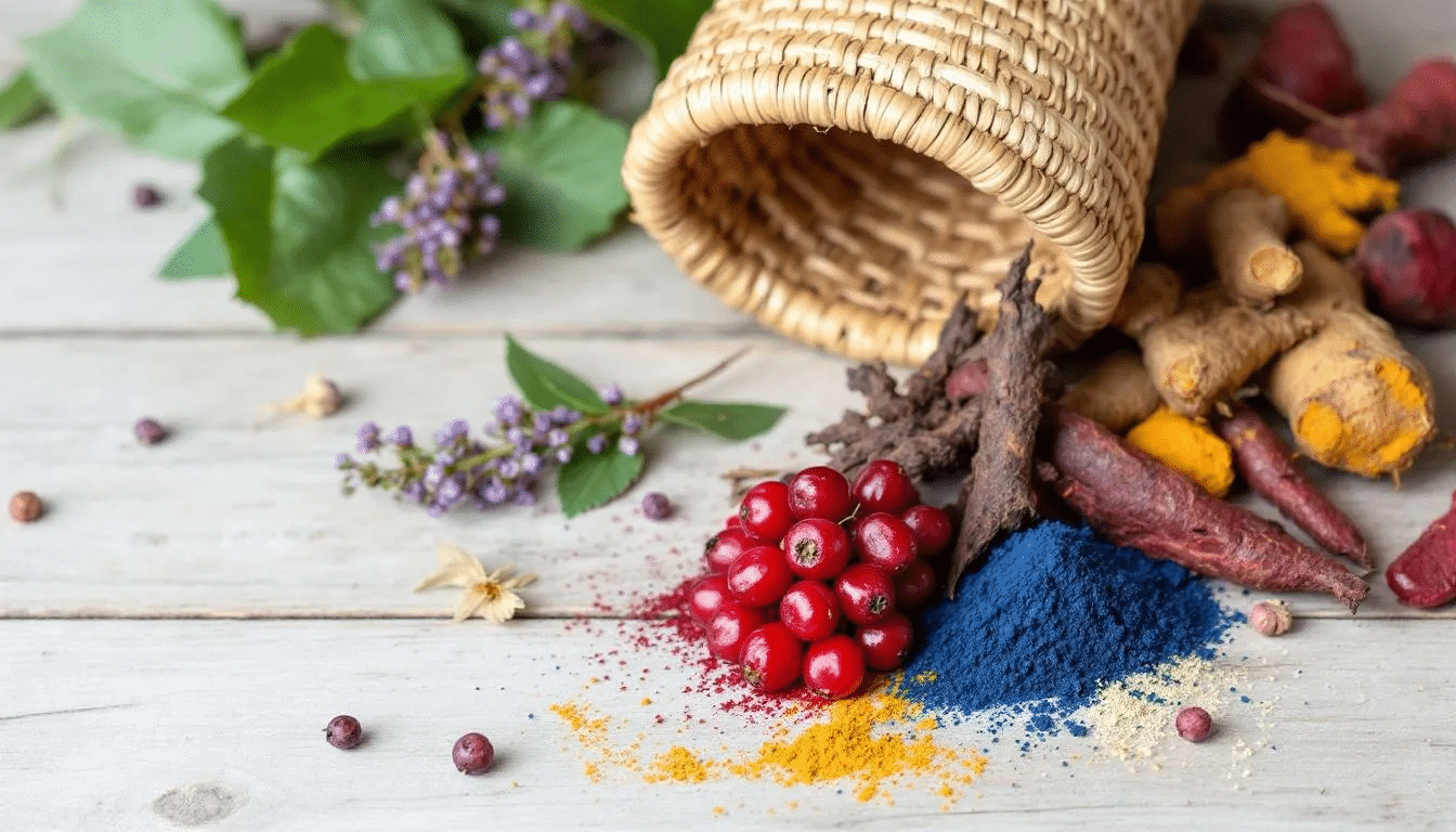 A traditional basket sits alongside natural dye materials derived from red elderberry, showcasing the bright red berries and the vibrant green foliage of the plant. The arrangement reflects the use of sambucus racemosa in crafting and dyeing, highlighting its significance in native to North America cultures.