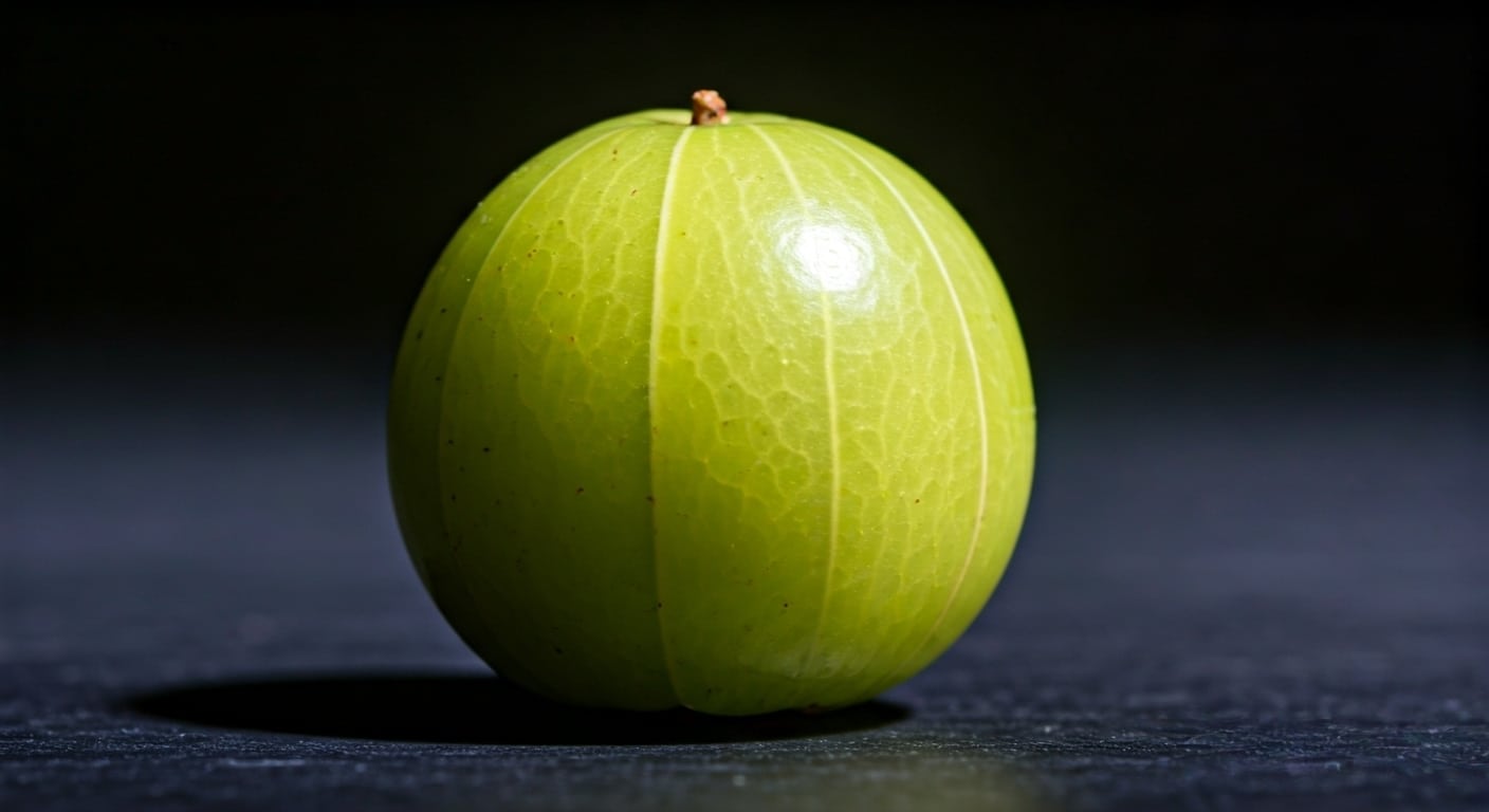 Amla (Phyllanthus emblica) fruit — close-up of whole green berry on dark background
