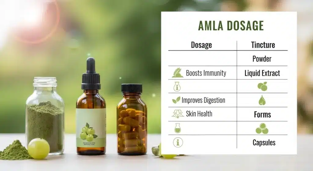 Amla dosage graphic showing powder, liquid extract, and capsules beside a dosage chart