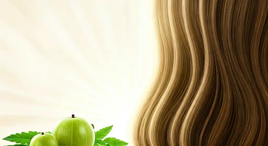 Amla for hair graphic with glossy brown hair and amla fruit on a bright background