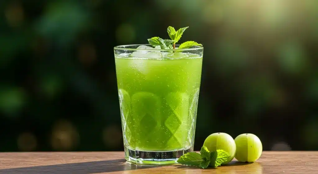 Glass of chilled amla (Phyllanthus emblica) juice with mint, fresh amla fruit beside the glass
