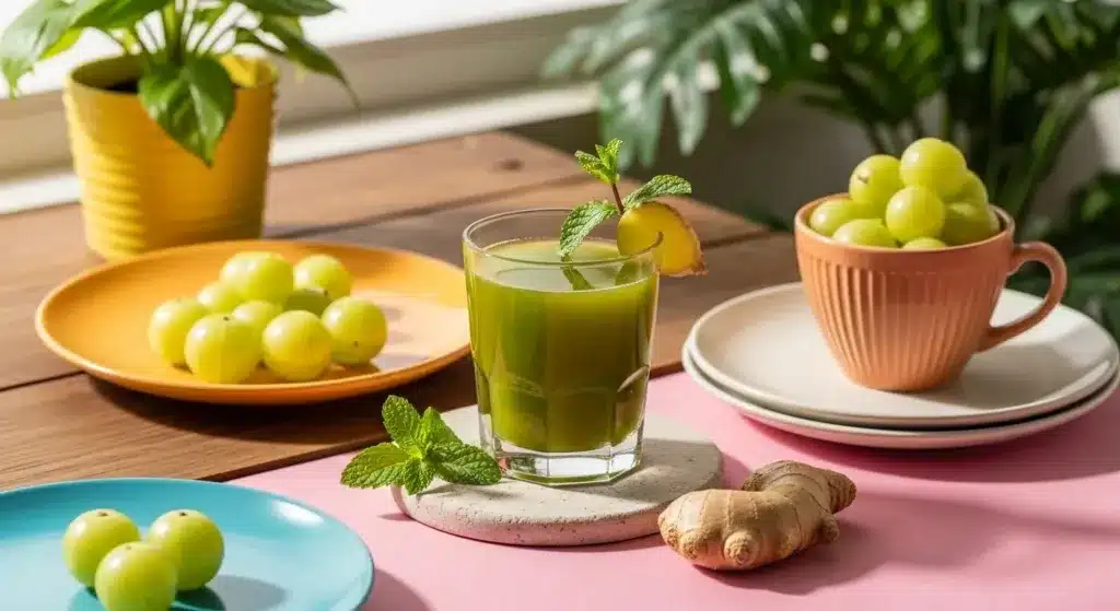 Amla (Phyllanthus emblica) juice with lemon and mint; fresh amla fruit on plates