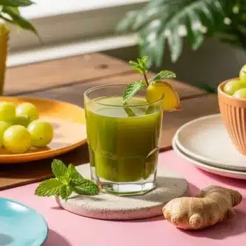 Amla (Phyllanthus emblica) juice with lemon and mint; fresh amla fruit on plates
