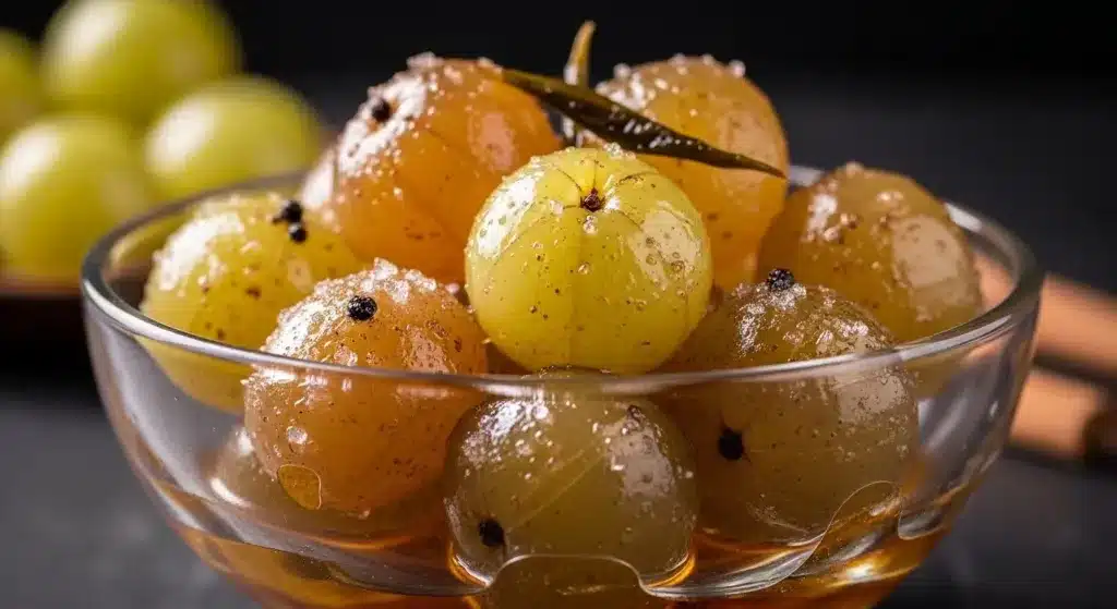 Amla (Phyllanthus emblica) murabba — whole amla preserved in syrup with spices in a glass bowl