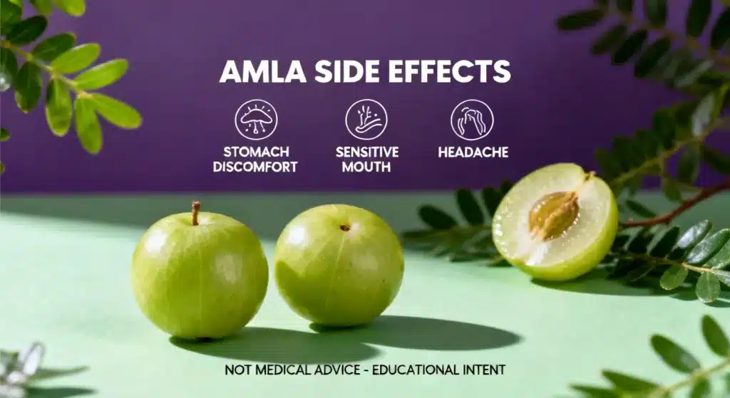 Amla side effects graphic with Indian gooseberries and icons for stomach discomfort, sensitive mouth, and headache