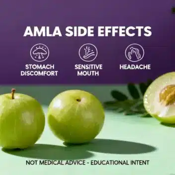 Amla side effects graphic with Indian gooseberries and icons for stomach discomfort, sensitive mouth, and headache