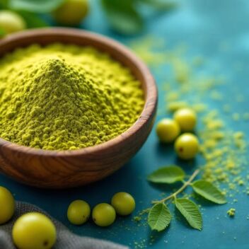 Amla (Phyllanthus emblica) powder in a wooden bowl with fresh amla fruit on a teal surface