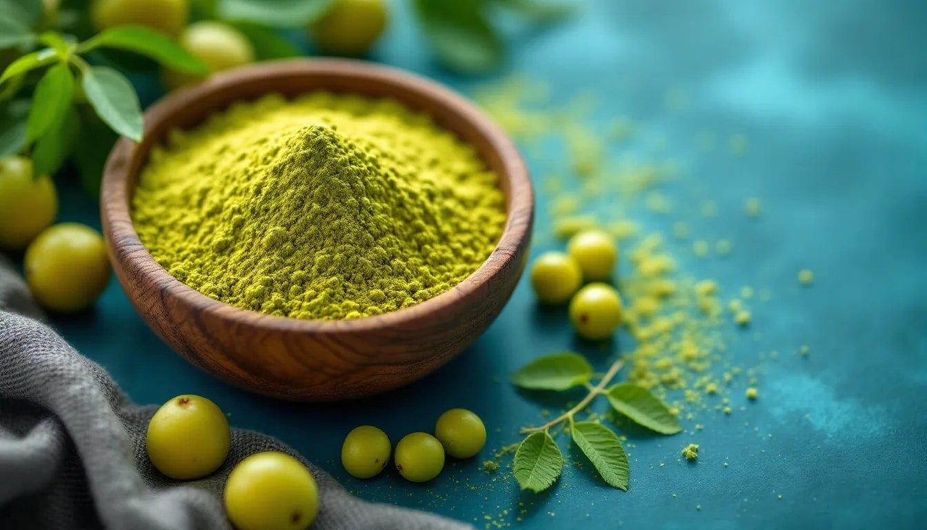 Amla (Phyllanthus emblica) powder in a wooden bowl with fresh amla fruit on a teal surface
