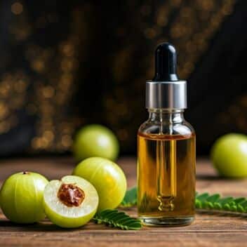 Amla extract in an amber dropper bottle with fresh amla (Phyllanthus emblica) fruit on a wooden table