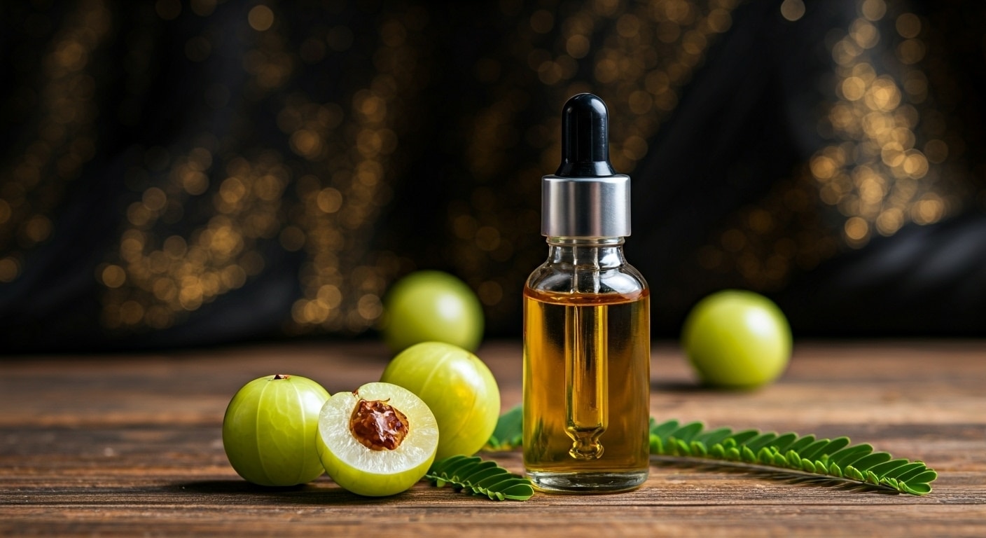 Amla extract in an amber dropper bottle with fresh amla (Phyllanthus emblica) fruit on a wooden table