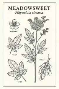 Monochrome botanical illustration of Meadowsweet (Filipendula ulmaria) showing whole plant, leaves, flower detail, and root.