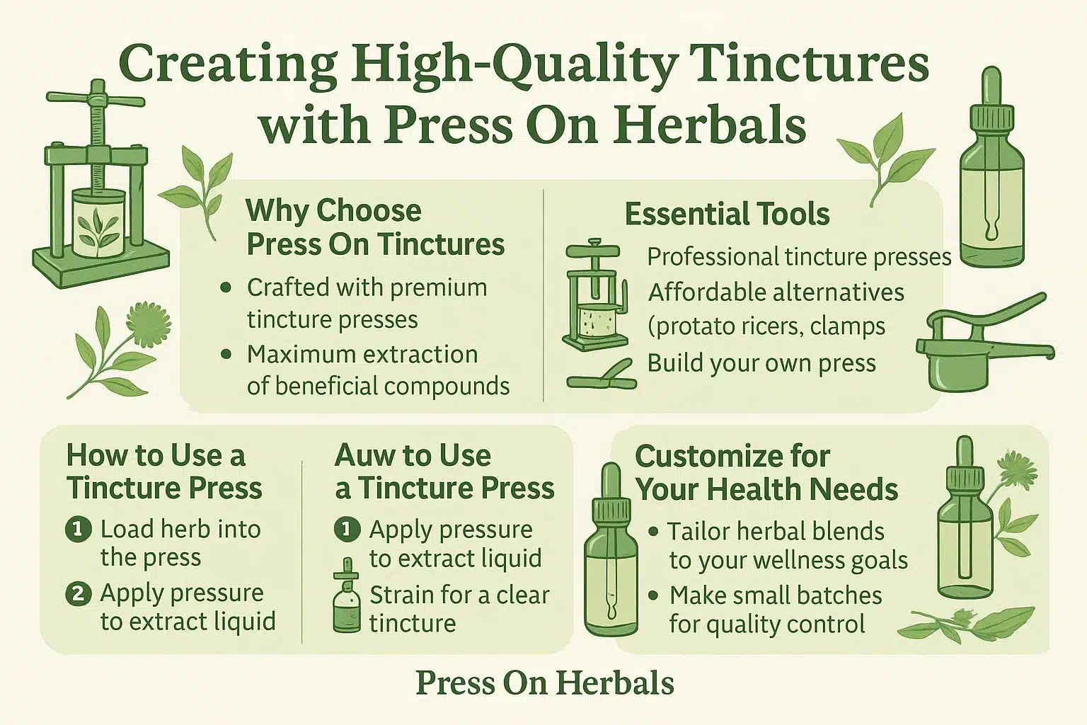 Infographic showing how Press On Herbals tincture presses improve extraction quality, with sections on tools, usage steps, customization, and benefits of small-batch tincture making.